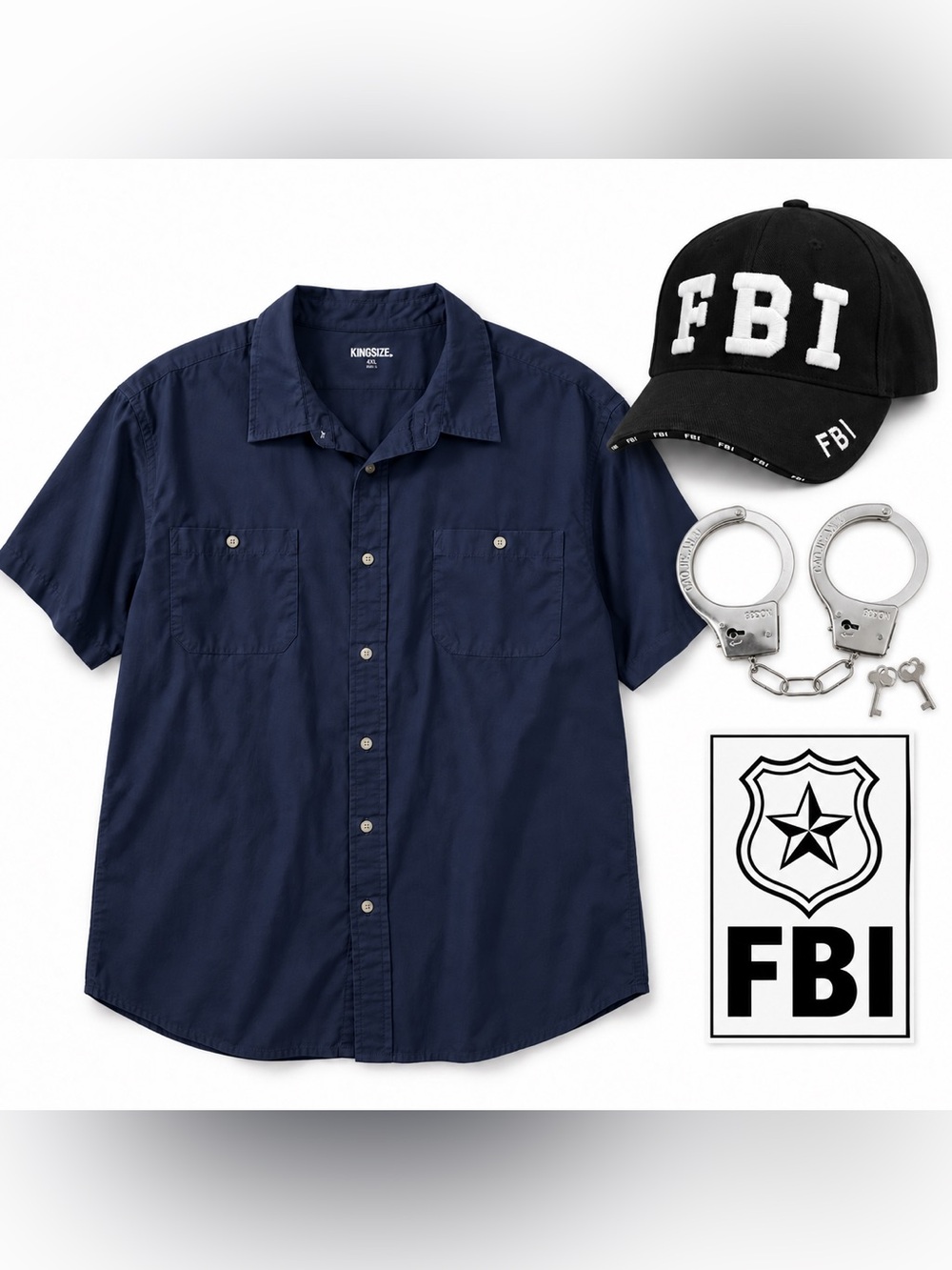 Men’s 4XL FBI-Inspired Costume – Navy Shirt, Cap, Handcuffs & FBI Logo Sticker